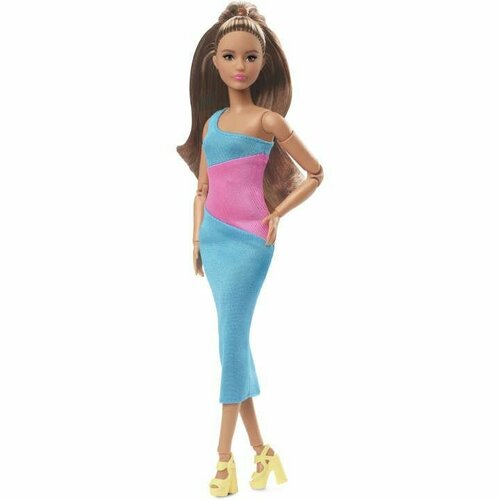 Barbie Looks Doll, Brunette, Color Block One-Shoulder Midi Dress - Барби брюнетка в платье миди с одним плечом в цветную полоску HJW82