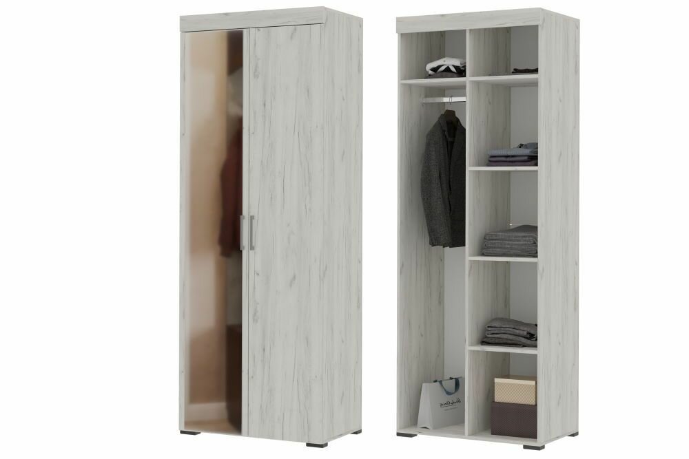 фото Шкаф Гранд двухстворчатый комбинированный Дуб крафт белый/Дуб крафт белый ЛДСП со штангой, полками, для спальни, гостиной 800х2120х490, 1 шт