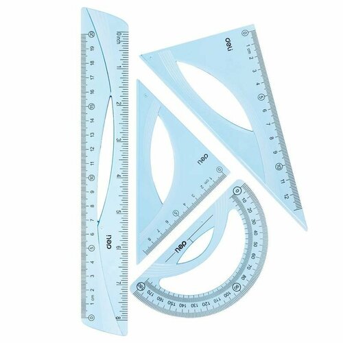 Набор чертежный пластиковый голубой (линейка 20 см, угольники 13 и 9 см, транспортир 12 см)