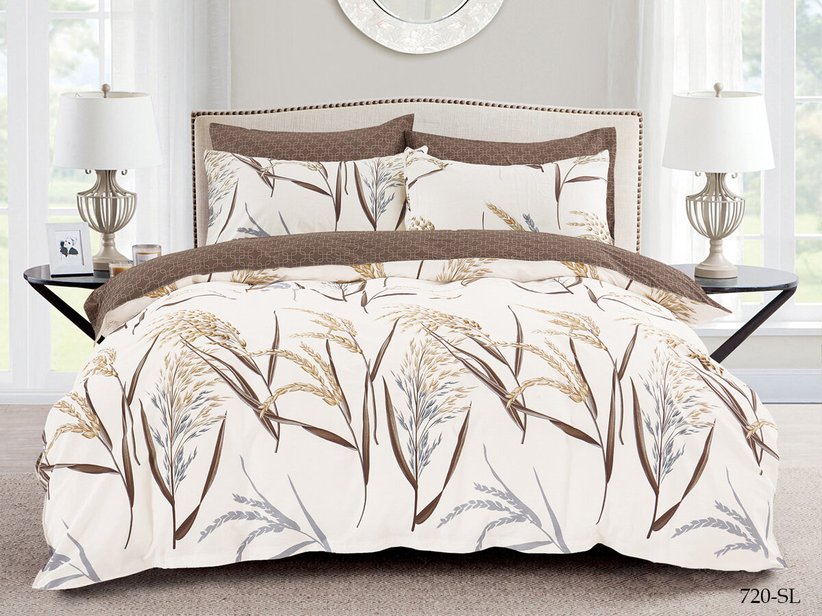 фото Постельное белье 1.5 спальное Cleo Satin Lux белое, колоски пшеницы, комплект, хлопок, сатин