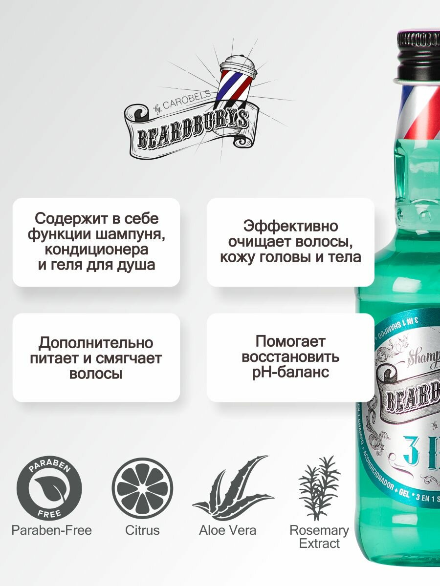 Beardburys Мужской шампунь для волос, кондиционер для волос, гель для душа 3 в 1, 100 мл — фото 1