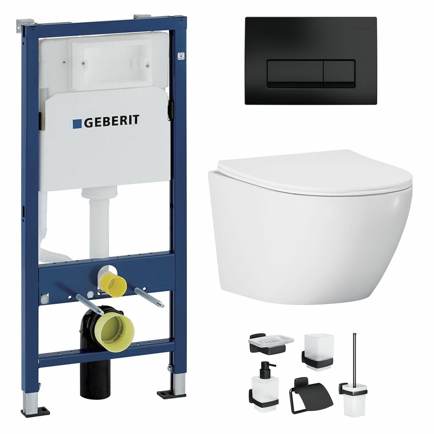Geberit с кнопкой смыва, безободковый подвесной унитаз Helmken 35103001, быстросъемное плавное сиденье, аксессуары Am.Pm