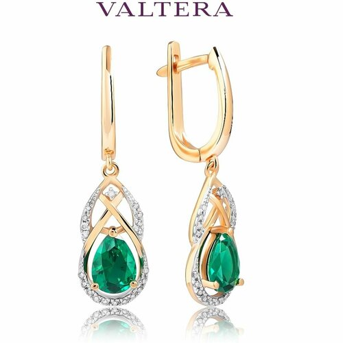 Серьги VALTERA, красное золото, 585 проба, бриллиант, длина 2.9 см, зеленый, золотой