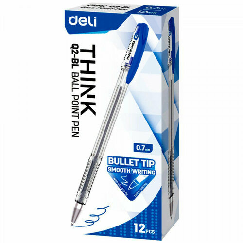 Ручка шариковая Deli Think прозрачный корпус, синяя 0,5мм арт. EQ2-BL. Количество в наборе 36 шт.