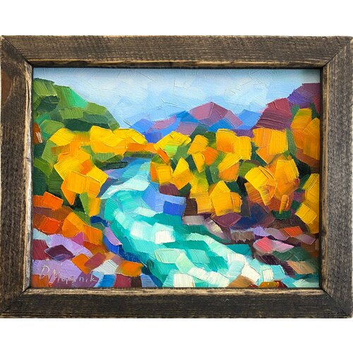 Осенний пейзаж картина маслом в раме 24х30 см ручная работа авторская живопись природа лес река