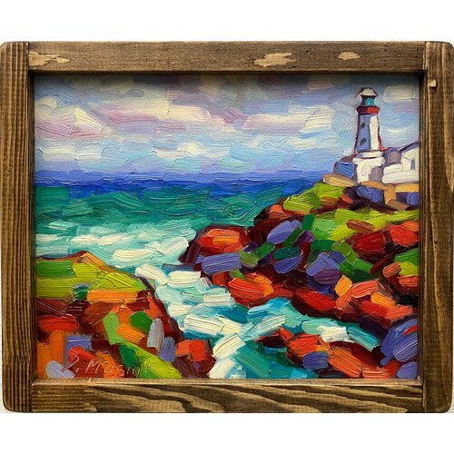 Маяк картина маслом в раме 23х28 см ручная работа авторская живопись морской пейзаж