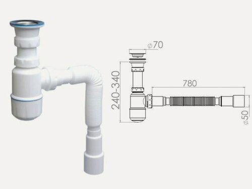 Изображение товара Сифон для умывальника выпуском 70 мм с гибкой трубой 1 1/2" - 40/50 мм AV ENGINEERING (AVE129752)