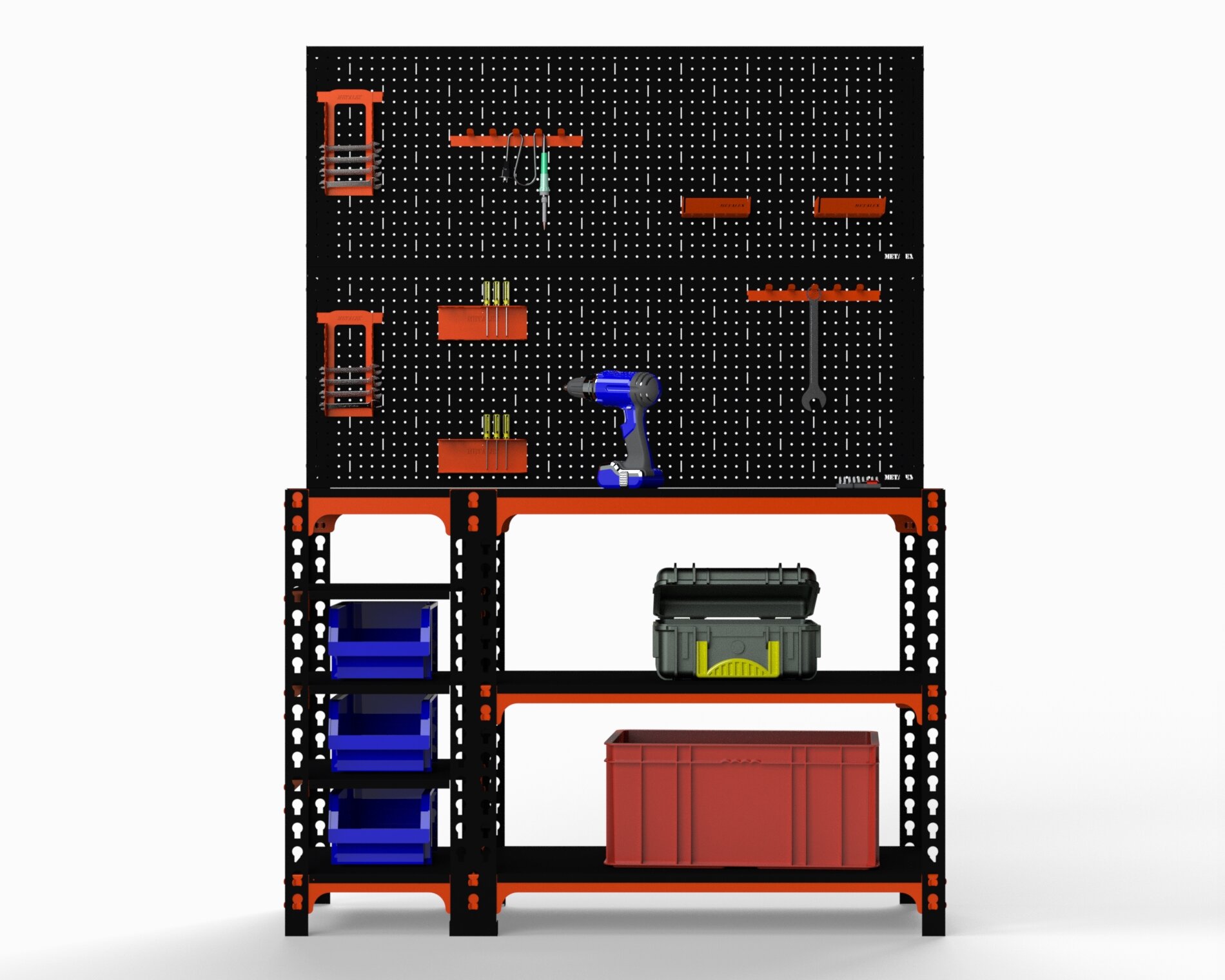 Стол-верстак Metalex 950х1100х600 (с бок. полками двумя перфопанелями и комп. аксессуаров) оранжево-чёрный