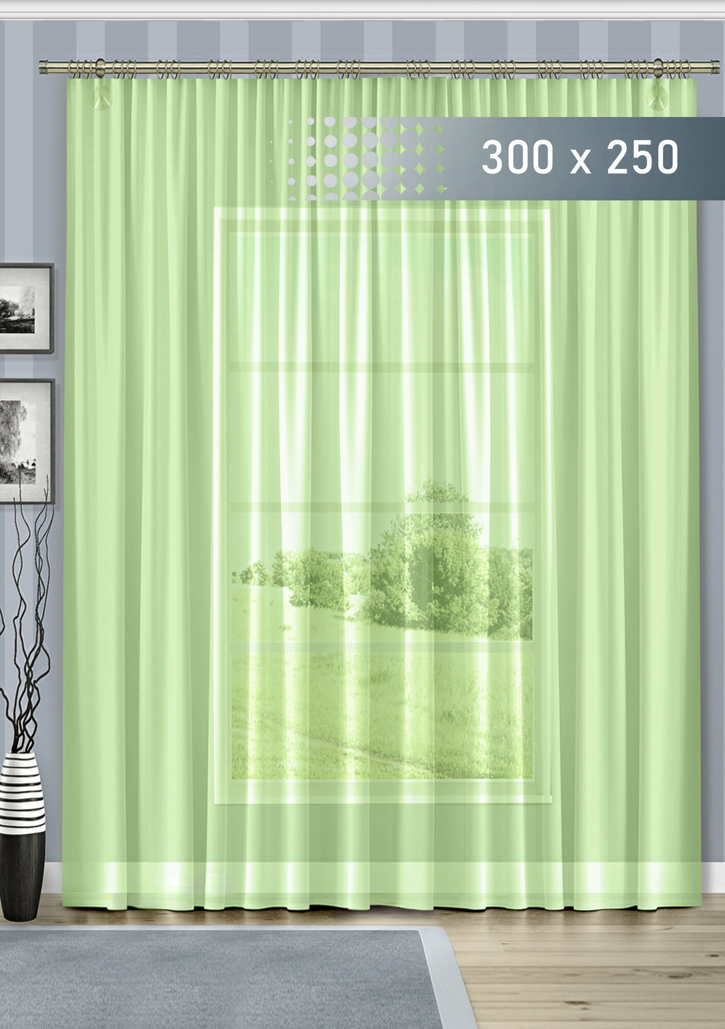 Тюль в спальне, вуаль, 300×250, салатовый, полупрозрачный, одно полотно