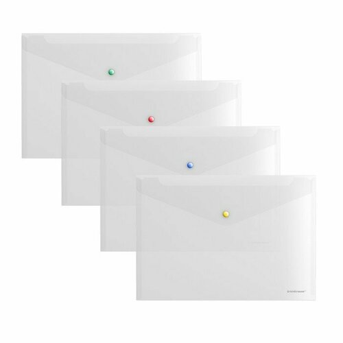Папка-конверт на кнопке А4, 160 мкм, ErichKrause Glossy Clear, глянцевая, с цветной кнопкой, прозрачная, микс (комплект из 36 шт)