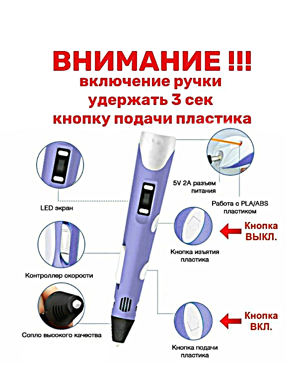 3Д Ручка детская 3DPEN-3 3д ручка для творчества 3-го поколения Набор для творчества с трафаретом и пластиком Фиолетовый Pricemin