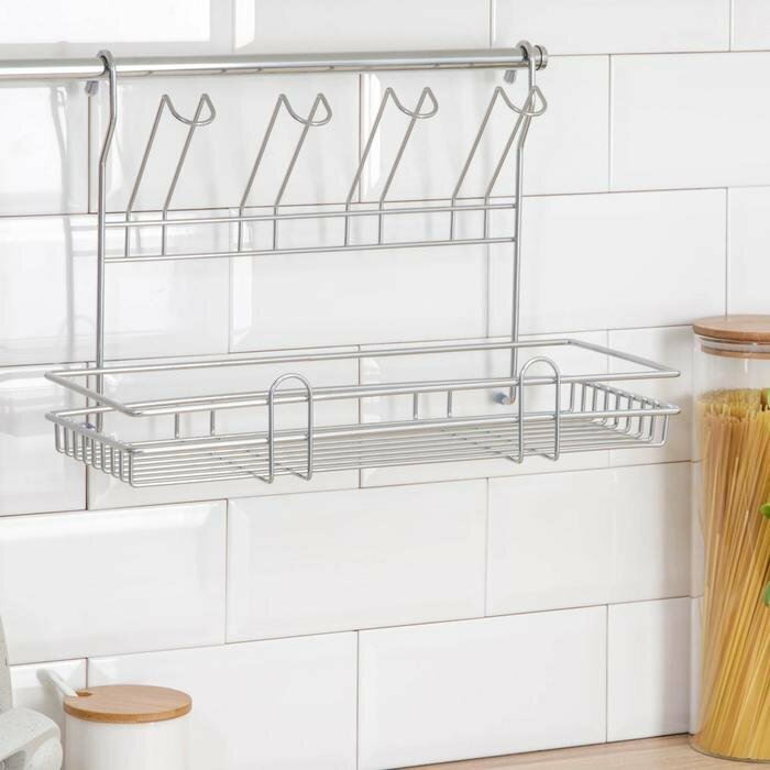 фото Полка для рейлинга комбинированная со стаканодержателем, 39,5×15×27 см, d=16 мм, цвет хром