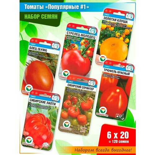 Набор семян томатов: Боец (Буян), Стрелец-молодец, Золотая клуша, Сибирские лапти, Сибирский спринтер, Трюфель красный (6 пачек)