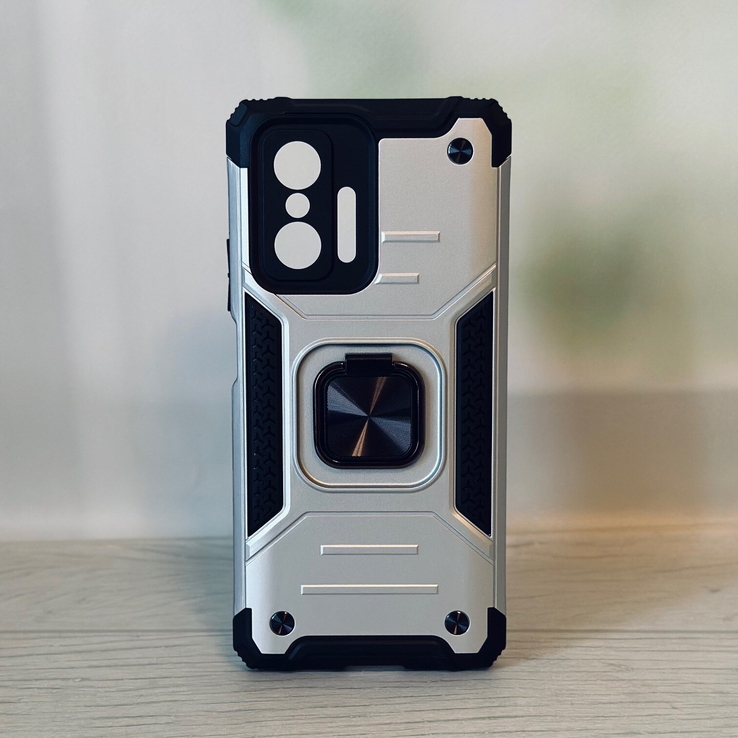 Противоударный чехол для Xiaomi 11T, 11T Pro серебро с пластиной для магнитного автодержателя и кольцом подставкой — фото 1