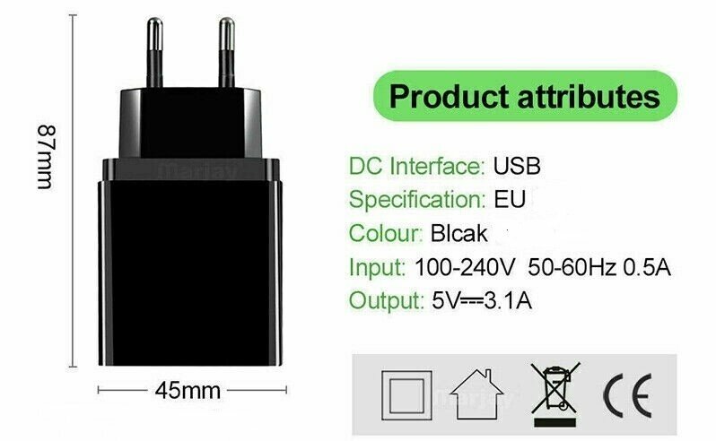 Сетевое зарядное устройство 3USB порта 5V ,3.1A, чёрный зарядка — фото 1