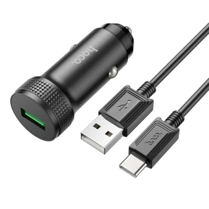Зарядное устройство а/м 12V -> USB 5V hoco Z49A, QC 3.0, чёрное, + кабель Type-C