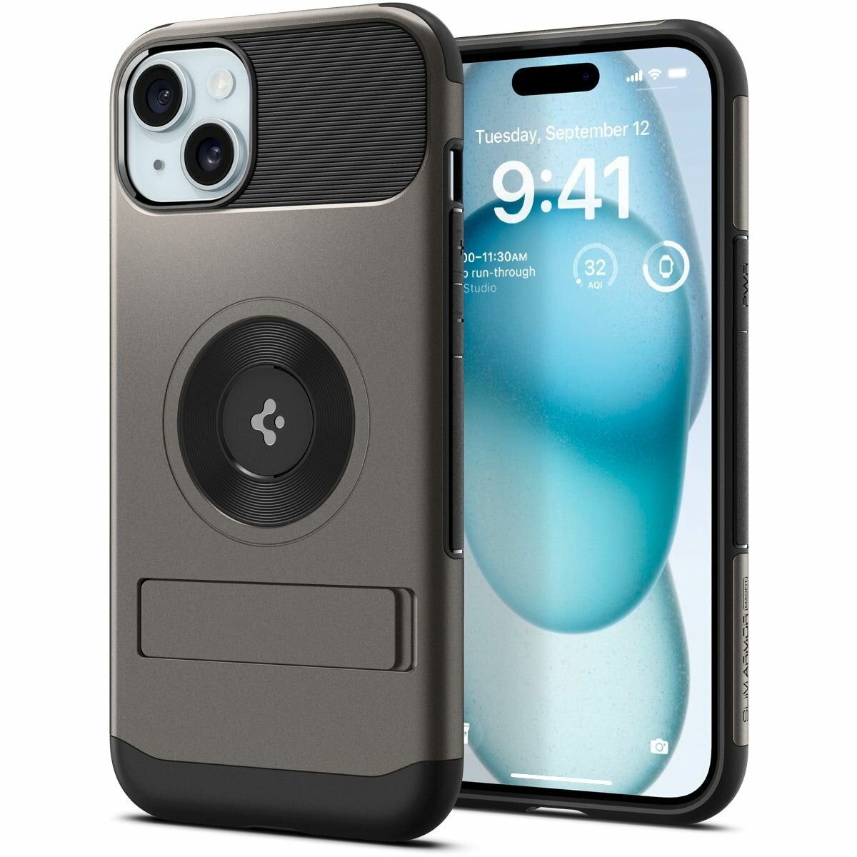 Чехол Spigen на Apple iPhone 15 Plus (ACS06464) Slim Armor MagFit / Спиген чехол для Айфон 15 Плюс MagSafe с подставкой , противоударный, с защитой камеры, серый