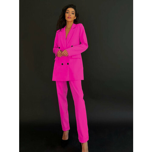 фото Костюм blazer, жакет и брюки, классический стиль, полуприлегающий силуэт, пояс на резинке, размер 44, розовый