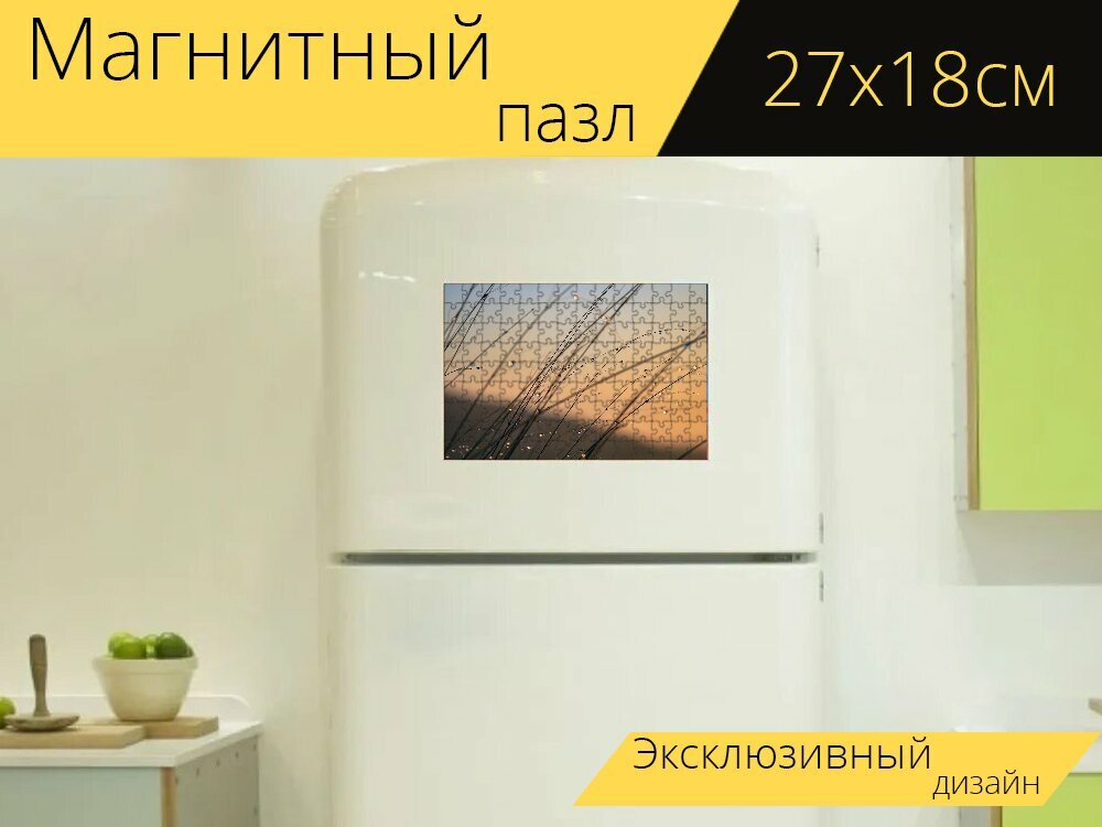 Магнитный пазл "Трава, роса, восход солнца" на холодильник 27 x 18 см.
