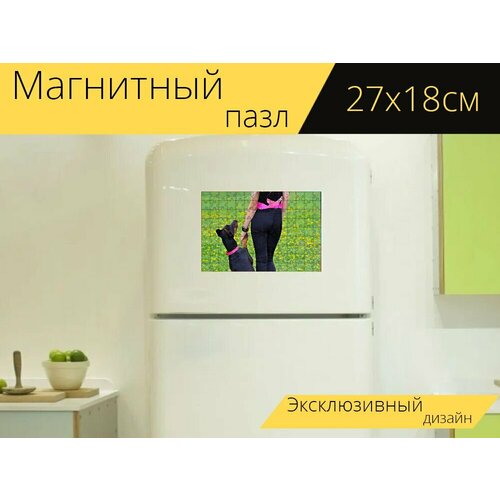 Магнитный пазл Блондинка, доберман, дружба на холодильник 27 x 18 см.