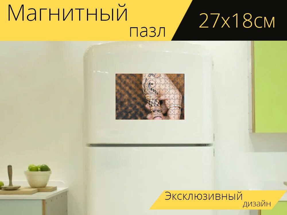 Магнитный пазл "Механди, стиль, кожа" на холодильник 27 x 18 см.