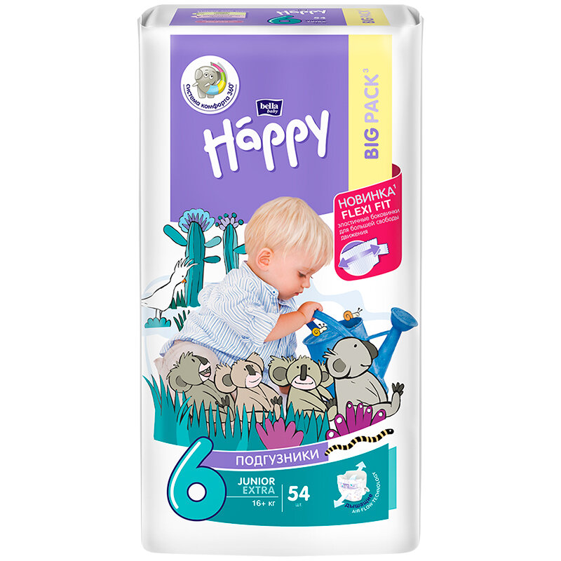 Bella Baby Happy Подгузники Junior Extra 6, 16+ кг, 54 шт.