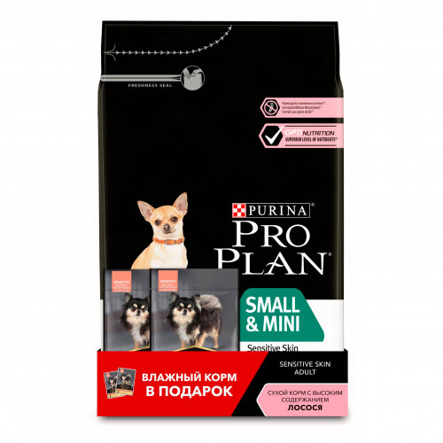 Корм сухой Pro Plan для собак мелких и карликовых пород до 10 кг с чувствительной кожей Лосось 3 кг + влажный корм 2шт х 85 г