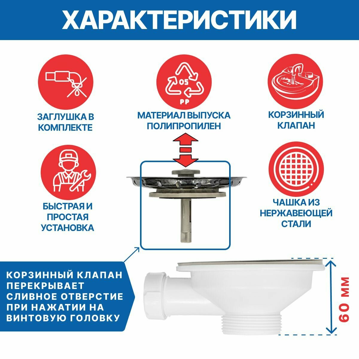 Выпуск в сборе 3.1/2" нержавеющая чашка, пластиковые втулка и шток - фотография № 2