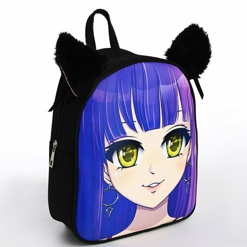 фото Рюкзак текстильный с ушками на заколках "аниме", 27*10*23 см, черный/фиолетовый (комплект из 2 шт) nazamok kids