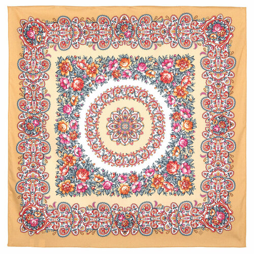 фото Платок павловопосадская платочная мануфактура,80х80 см, оранжевый, зеленый