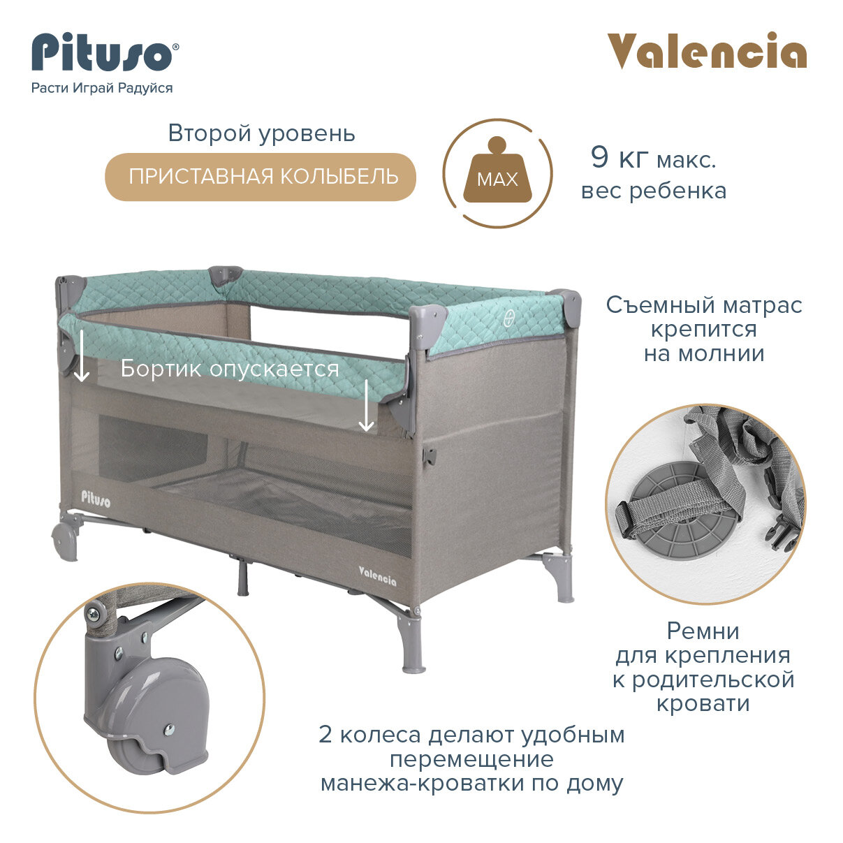 Манеж-кровать Pituso Valencia Mint grey/Мятно-серый