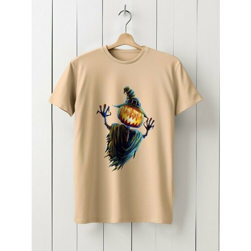 фото Футболка hypnotica футболка унисекс бежевая из хлопка с dtf принтом хеллоуин пугало ( тыква, helloween, хоррор, осень) - 8414, размер 2xl, бежевый