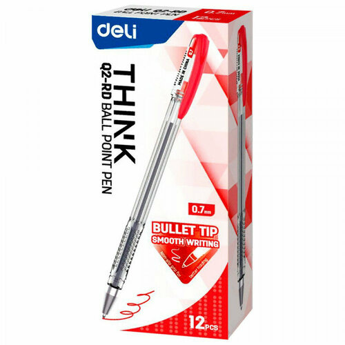Ручка шариковая Deli Think прозрачный корпус, красная, 0,5мм арт. EQ2-RD. Количество в наборе 12 шт. ручка шариковая elbrus пластиковый прозрачный корпус 0 5мм красная пакет с е п ibp317 rd 100 шт уп