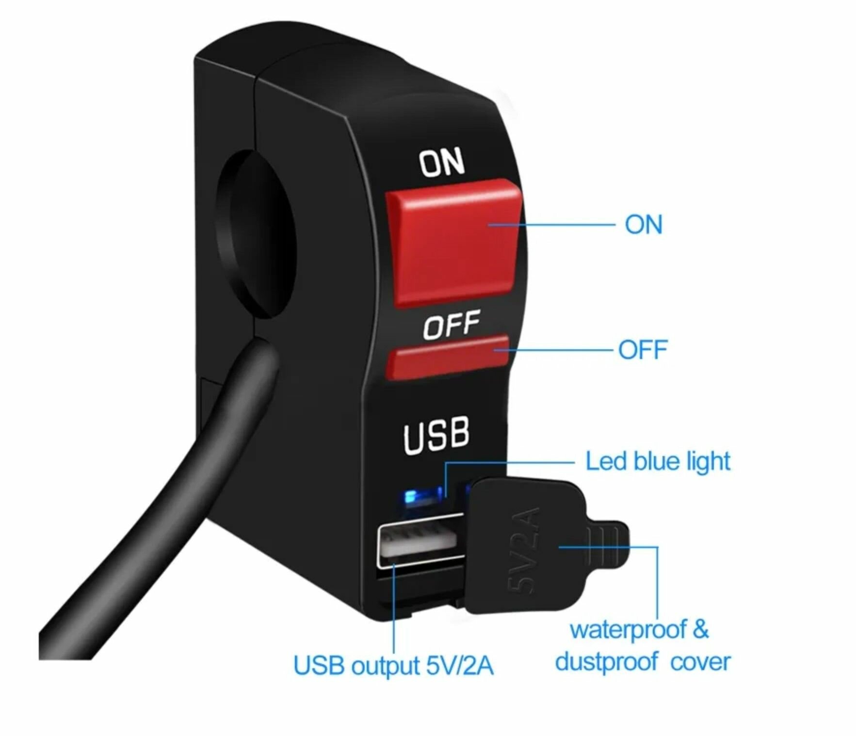 Переключатель кнопка с USB-зарядным устройством на руль мотоцикла для снегохода, скутера, на руле , управление фарами — фото 3