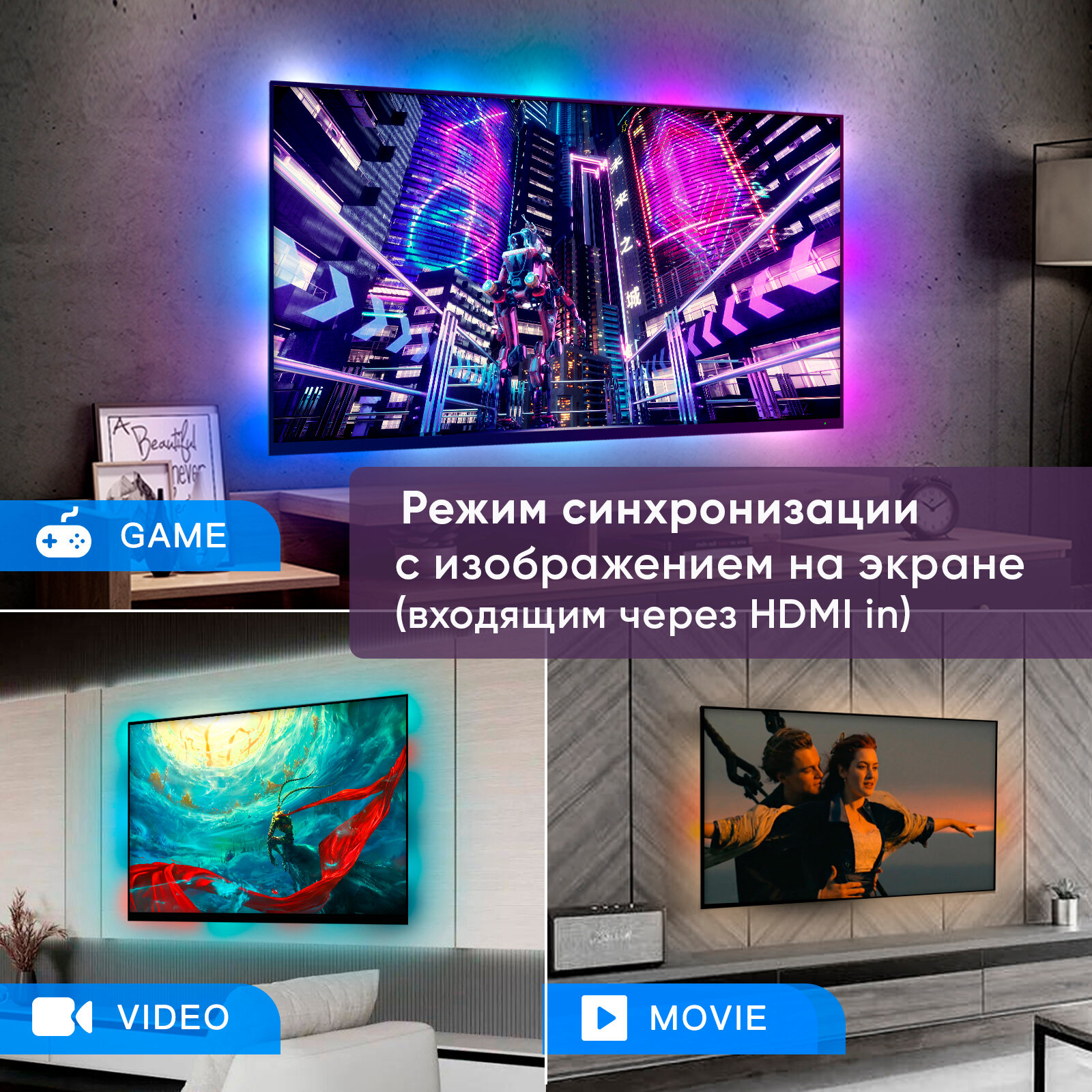 Умная адаптивная подсветка телевизора и ПК Moes 4K HDMI (5 м) — фото 3