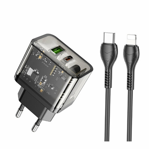 Блок питания сетевой USB, Type-C HOCO N34, Dazzling, QC3.0, PD 20Вт, кабель Type-C-Type-C, цвет: чёрный, прозрачный