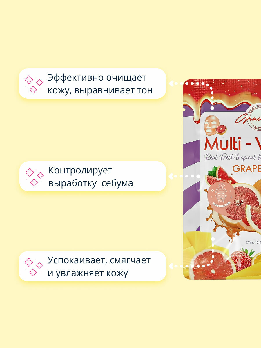 Маска для лица Grace Day Multi-Vitamin Grape Fruit Mask с экстрактом грейпфрута тканевая, 27 мл - фото №9
