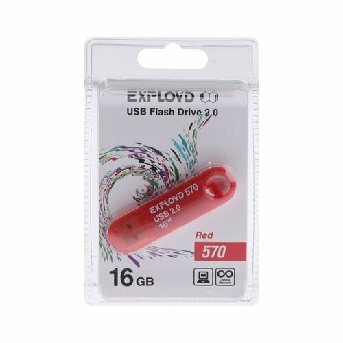 Флешка Exployd 570, 16 Гб, USB2.0, чт до 15 Мб/с, зап до 8 Мб/с, красная (комплект из 3 шт)