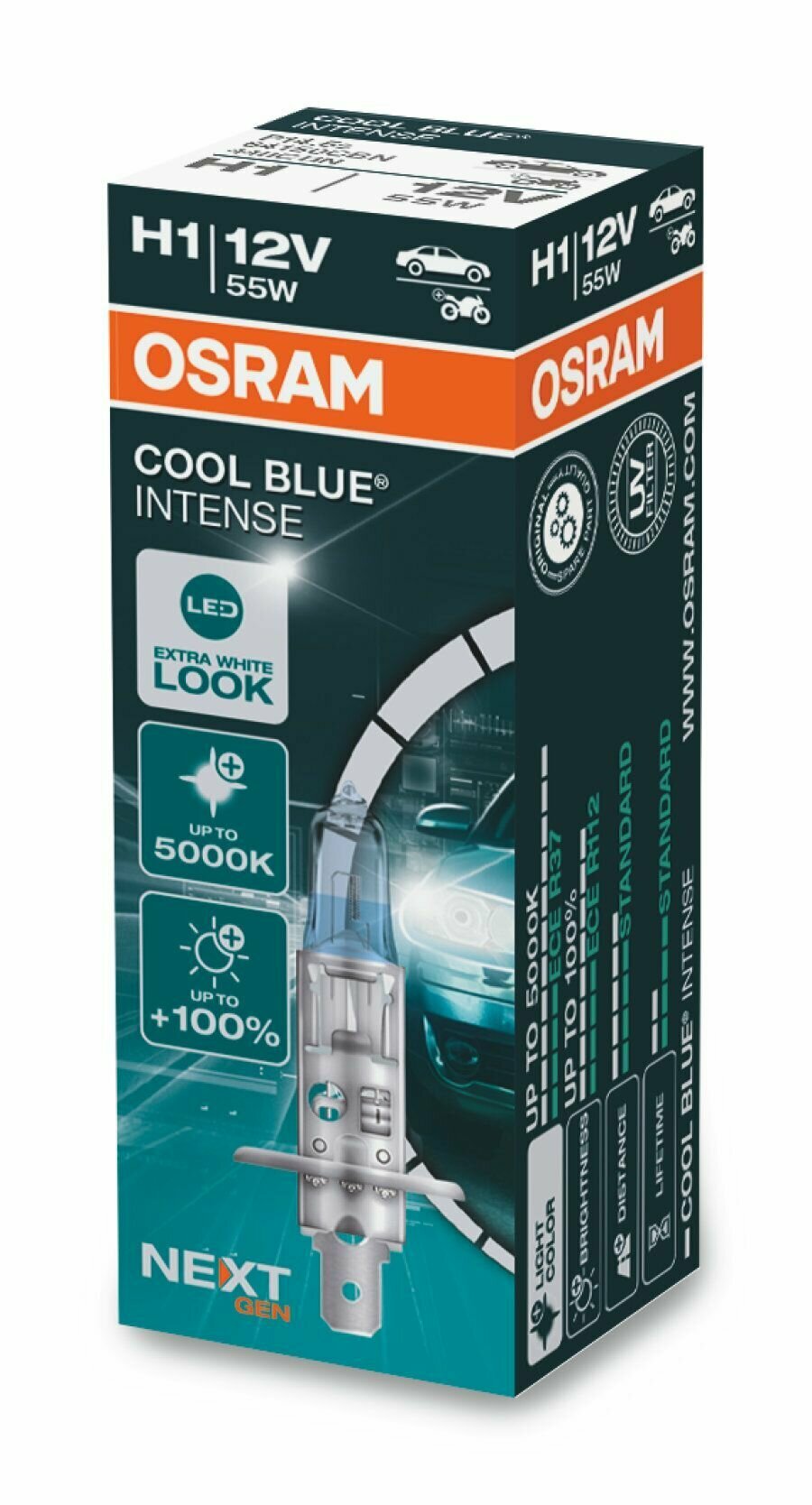 Лампа автомобильная галогеновая H1 OSRAM Cool Blue Intense Next 12V 55W P14.5s (1 шт.) 64150CBN