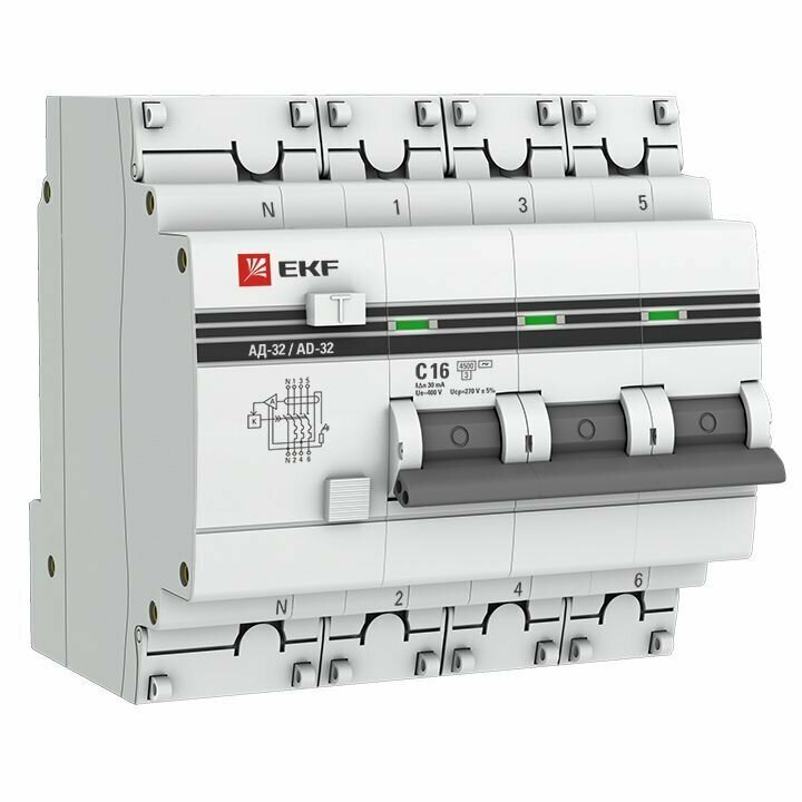 Дифференциальный автомат АД-32 3P+N 16А/30мА (хар. C AC электронный защита 270В) 45кА EKF PROxima (DA32-16-30-4P-pro)