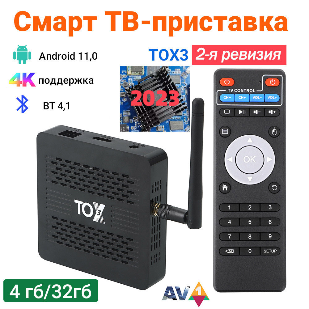 ТВ Смарт Приставка TOX3 4Гб 32Гб,2я ревизия 2023г, Amlogic S905X4 2T2R Андроид 11 С Двойным Wi-Fi Приставка, черный
