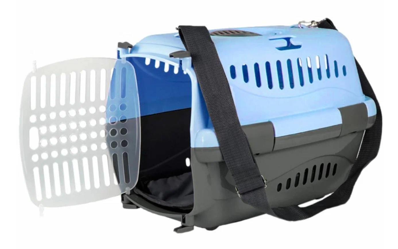 фото Клиппер-переноска для кошек и собак Zooexpress Турне 42х29,5х29 см (S), с прозрачной дверцей, коврик + ремень, голубая