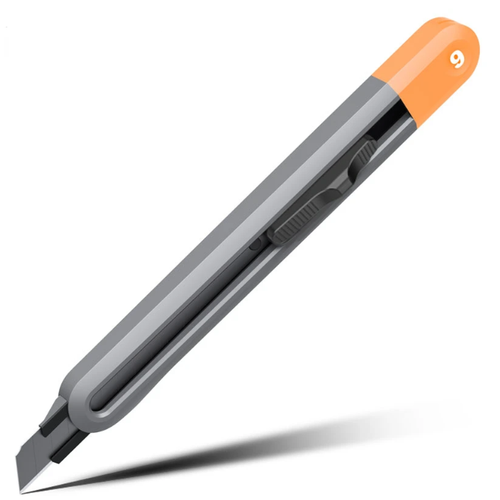 Канцелярский нож с выдвижным лезвием, сталь-SK2 (Японский сплав), лезвие 9мм, серый/оранжевый