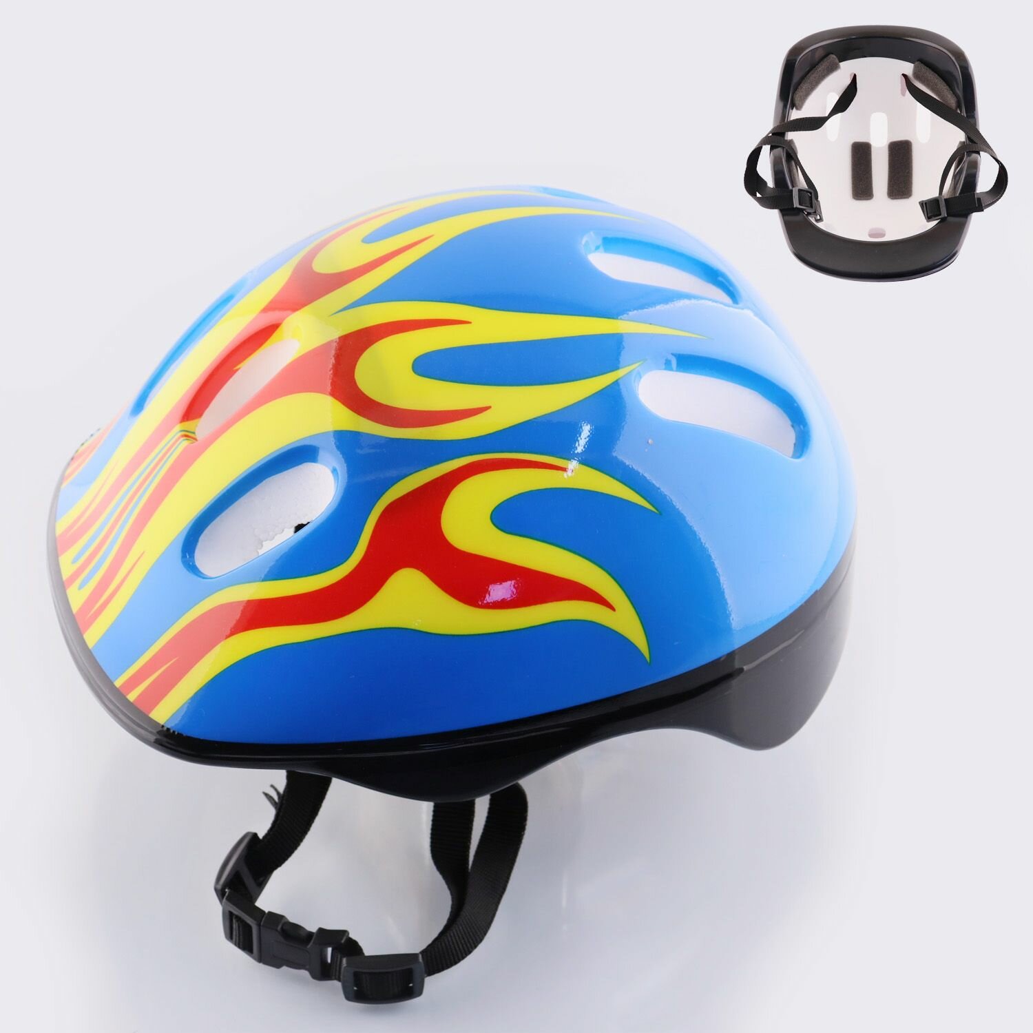 Шлем велосипедный детский (голубой, +желто-красное пламя) "SPORTS"