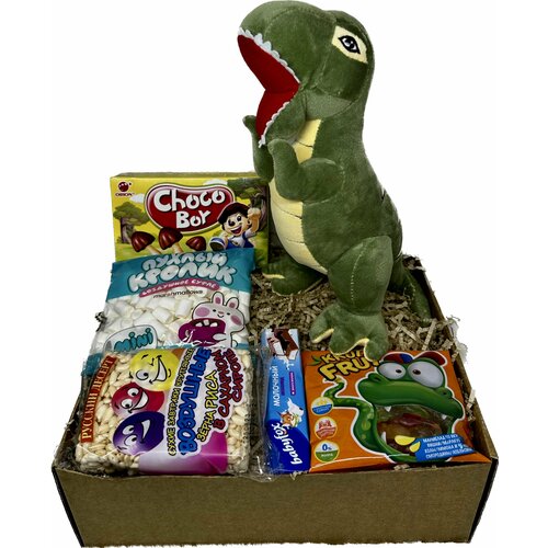 Подарочный набор, сюрприз бокс, для мальчика, для девочки, мягкая игрушка Дракон-динозавр 30 см, сладости, шоколад, мармелад