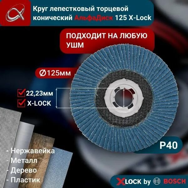 Круг лепестковый торцевой (КЛТ) АльфаДиск X-lock P40 125 мм (конический) 5252