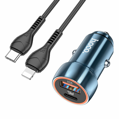 АЗУ, 1 USB QC3.0+1 PD 20W (Z46A), HOCO, кабель Type-С to Lighting, синий азу 1 usb qc3 0 1 pd 20w z46a hoco кабель type с to lighting синий