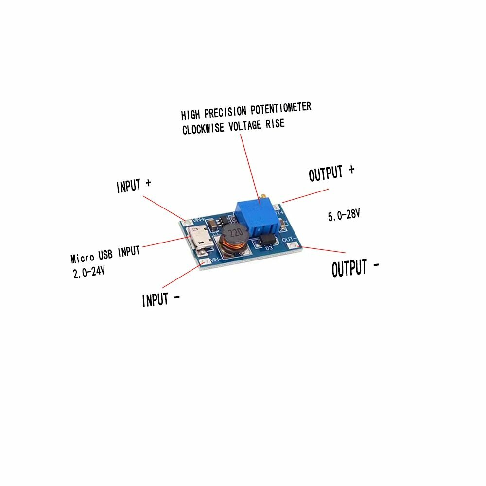 MT3608 DC-DC повышающий преобразователь 28В 2A, Micro USB