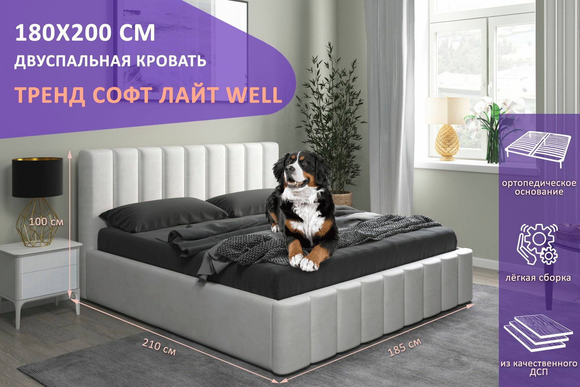 Двуспальная кровать Тренд Софт Лайт WELL 180х200 см, с ортопедическим подъемным механизмом, без ножек, цвет молочный