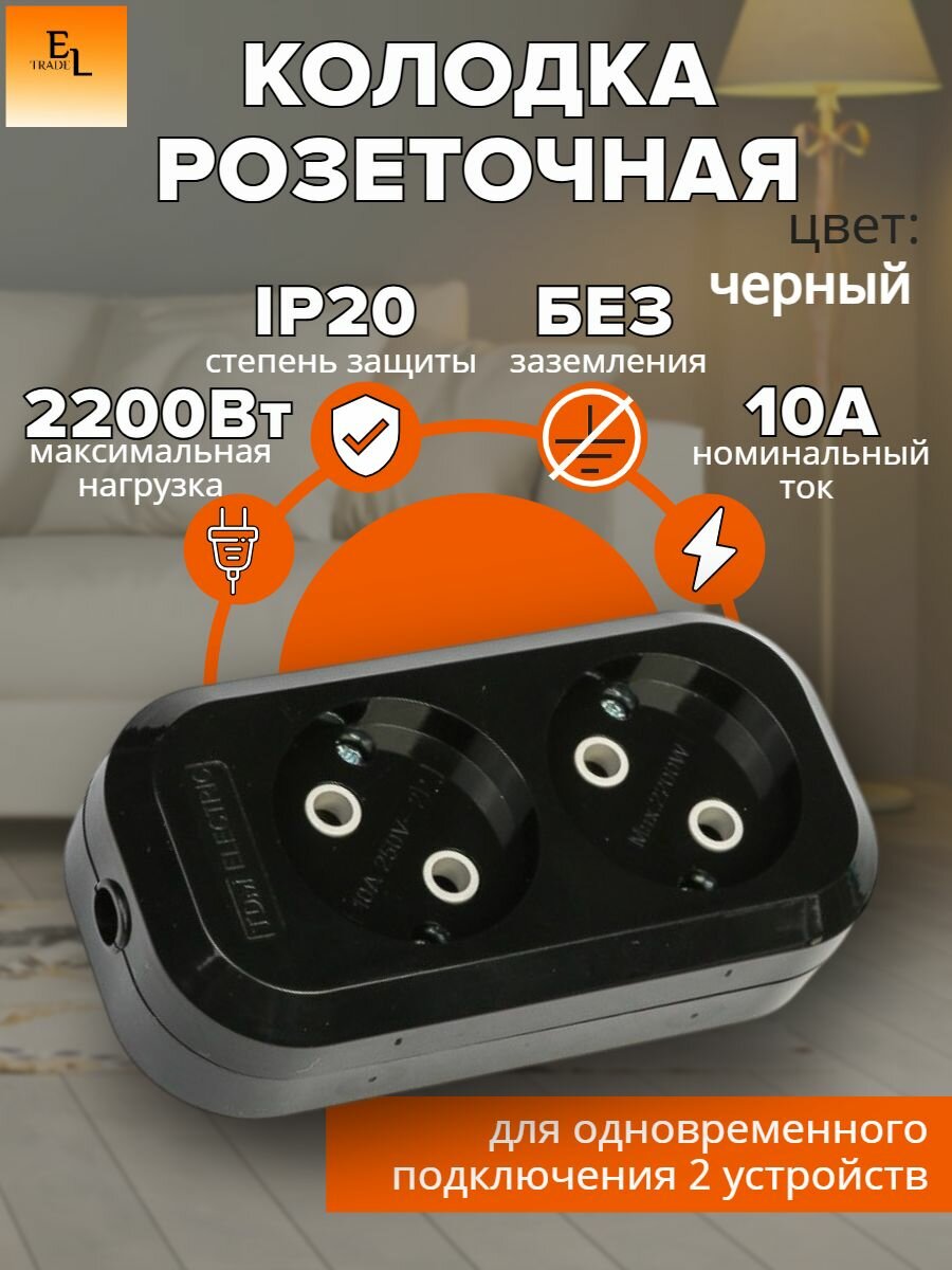 Колодка электрическая 2 гнезда розеточная (2П без заземления 10А 250В черная IP20)